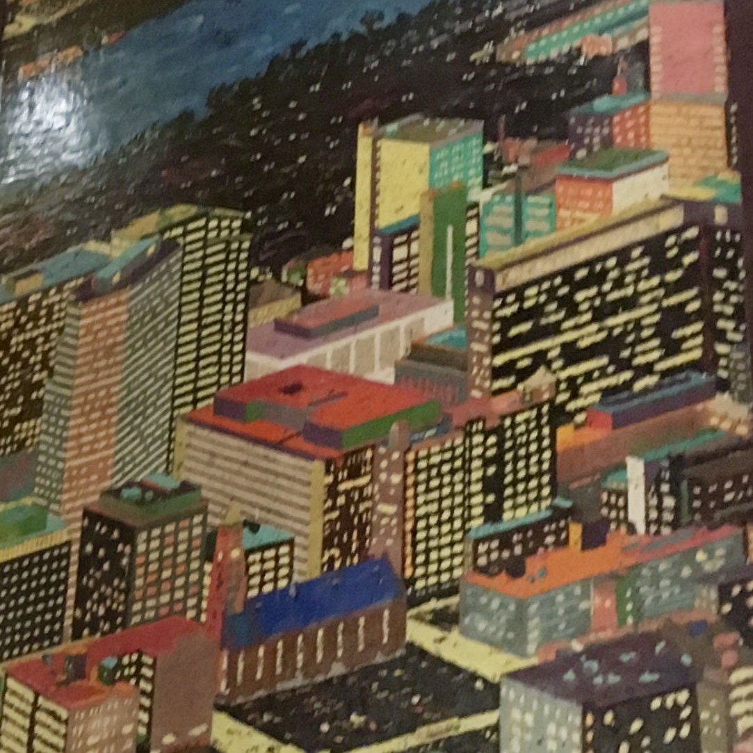 Mural of a city as seen from above